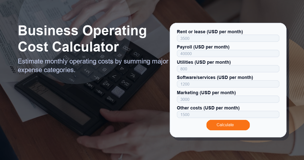 Estimate monthly operating costs by summing major expense categories.