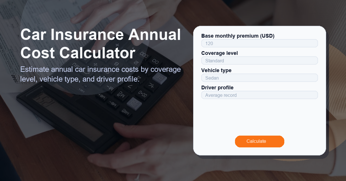 Estimate annual car insurance costs by coverage level, vehicle type, and driver profile.