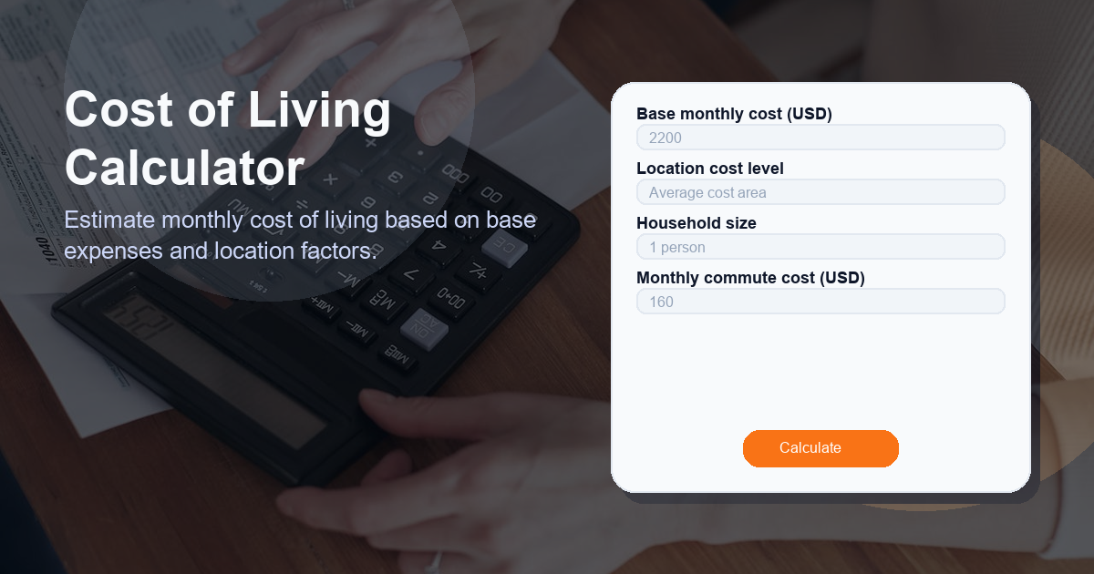 Estimate monthly cost of living based on base expenses and location factors.