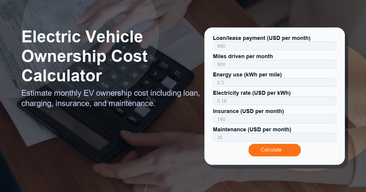 Estimate monthly EV ownership cost including loan, charging, insurance, and maintenance.
