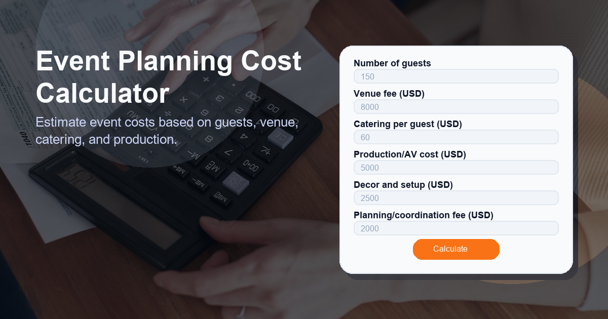 Estimate event costs based on guests, venue, catering, and production.
