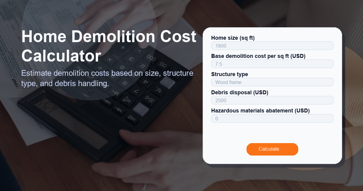 Estimate demolition costs based on size, structure type, and debris handling.