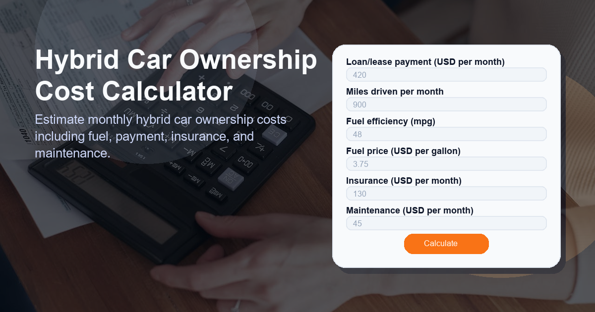 Estimate monthly hybrid car ownership costs including fuel, payment, insurance, and maintenance.