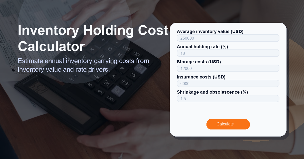 Estimate annual inventory carrying costs from inventory value and rate drivers.