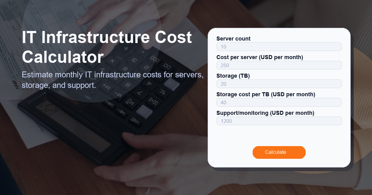Estimate monthly IT infrastructure costs for servers, storage, and support.