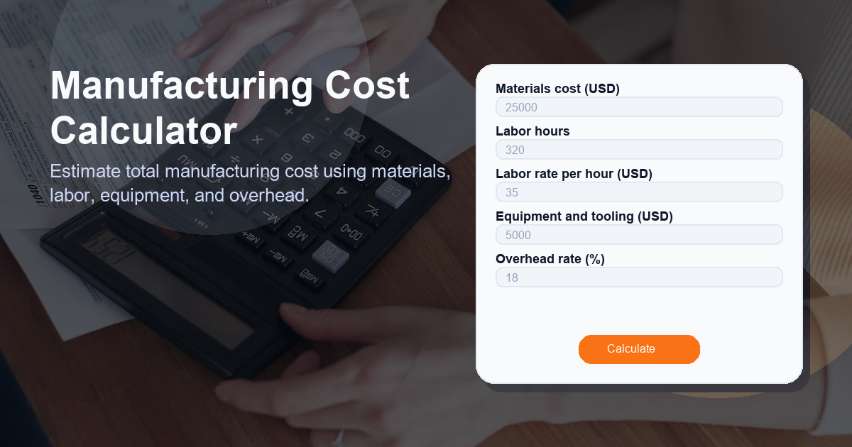 Estimate total manufacturing cost using materials, labor, equipment, and overhead.