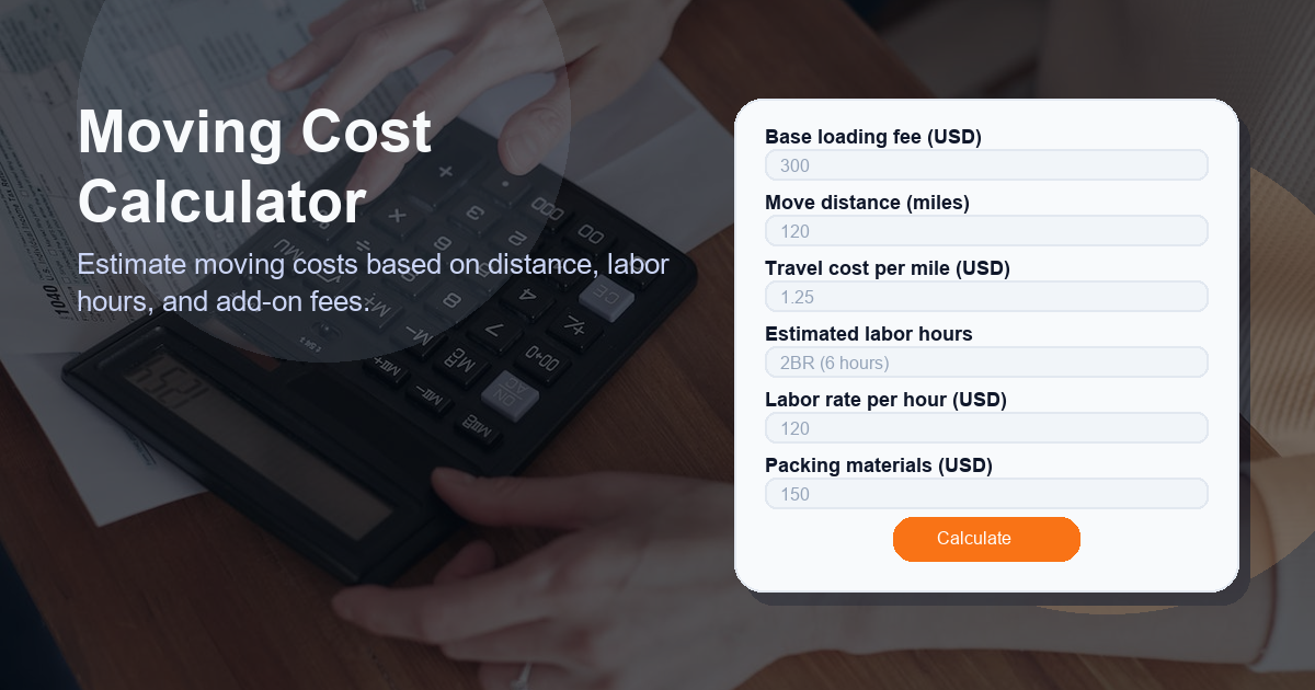 Estimate moving costs based on distance, labor hours, and add-on fees.