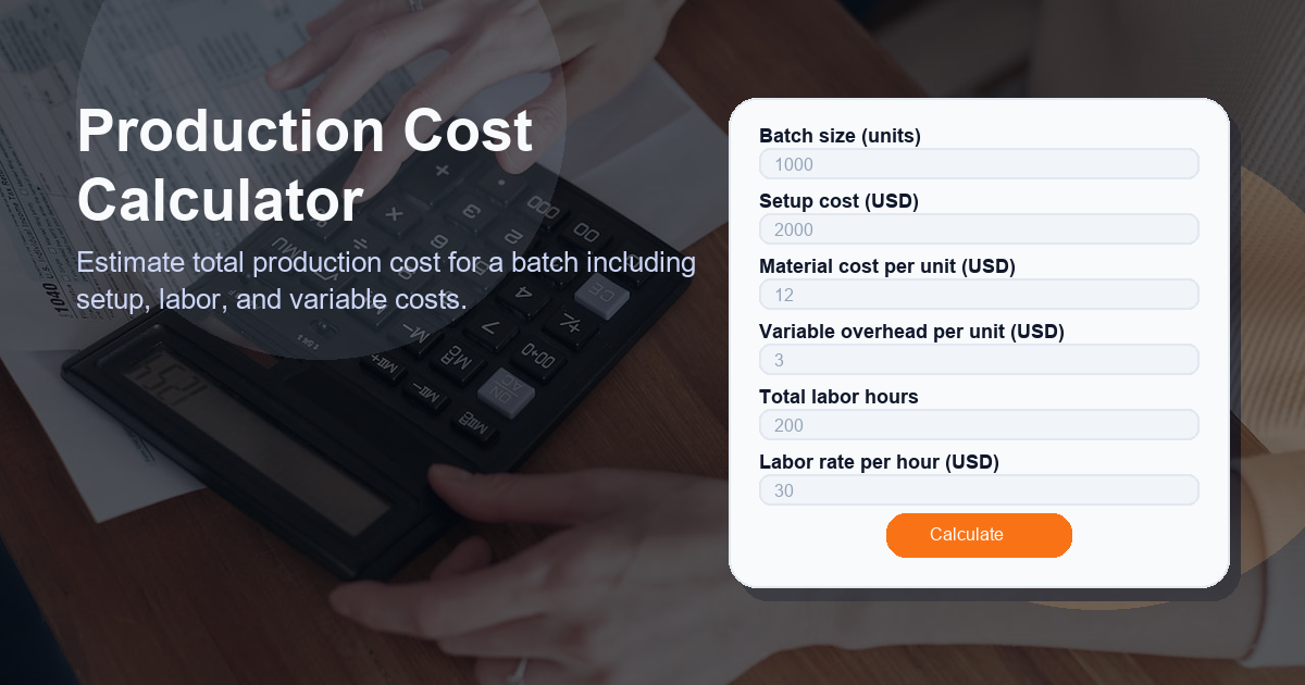 Estimate total production cost for a batch including setup, labor, and variable costs.